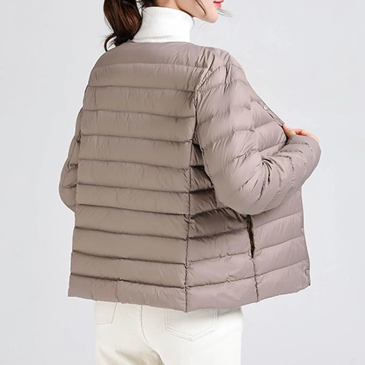 Women's Solid Color Lightweight Down Jacket Round Neck Short Jacket Long Sleeved Puffer Jacket Duck Winter caots
