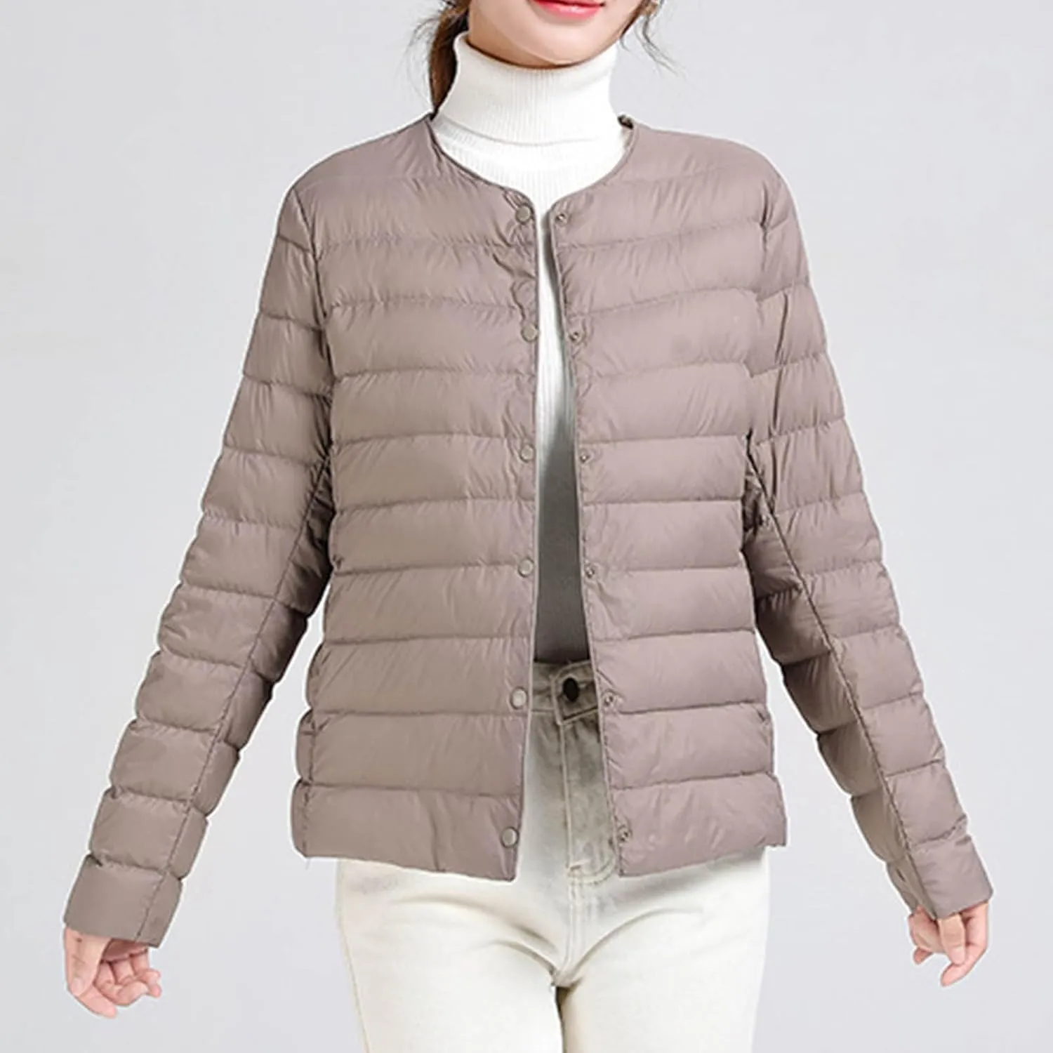Women's Solid Color Lightweight Down Jacket Round Neck Short Jacket Long Sleeved Puffer Jacket Duck Winter caots