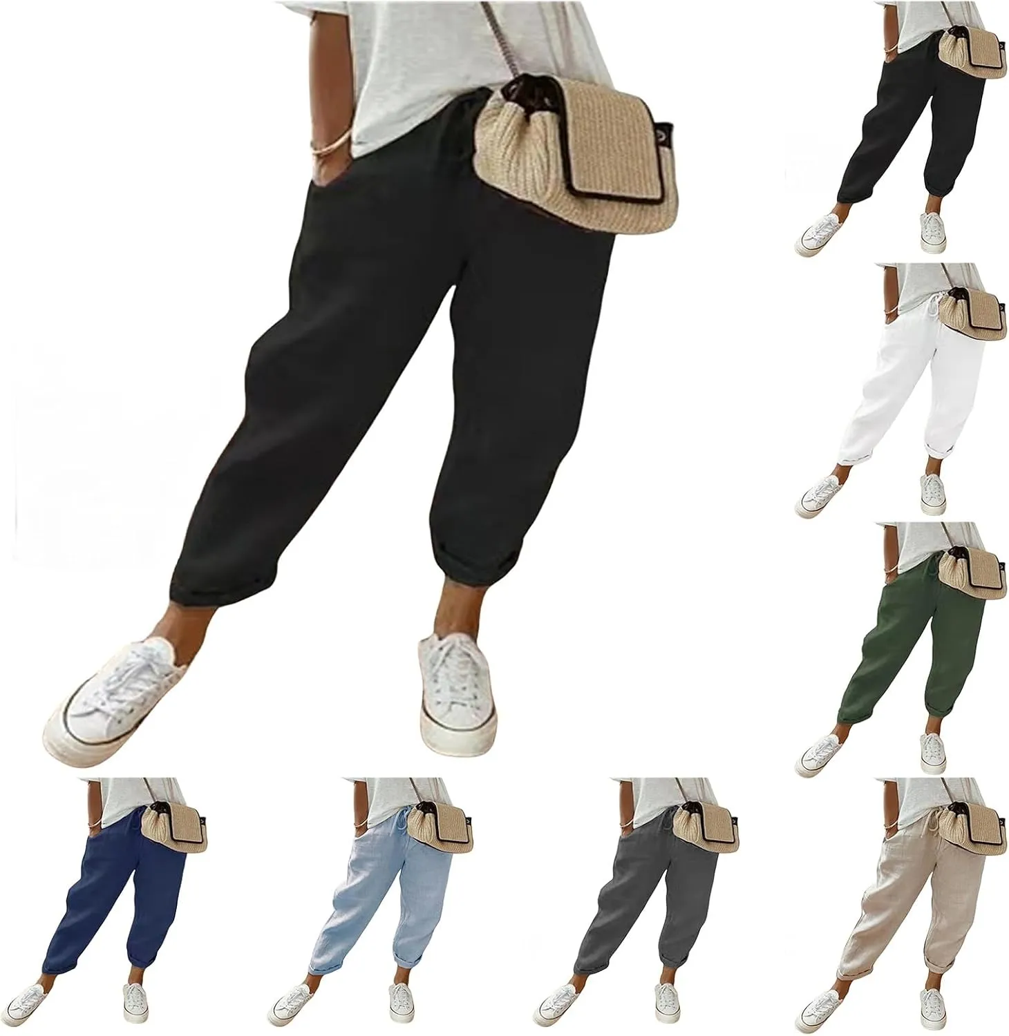 Womens Summer Casual Linen Pants Elastic Waist Relaxed Fit Straight Leg Pants Beach Trousers with Pockets for Women