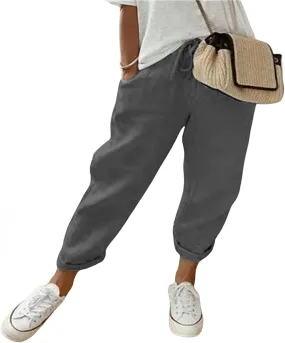 Womens Summer Casual Linen Pants Elastic Waist Relaxed Fit Straight Leg Pants Beach Trousers with Pockets for Women