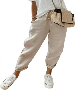 Womens Summer Casual Linen Pants Elastic Waist Relaxed Fit Straight Leg Pants Beach Trousers with Pockets for Women