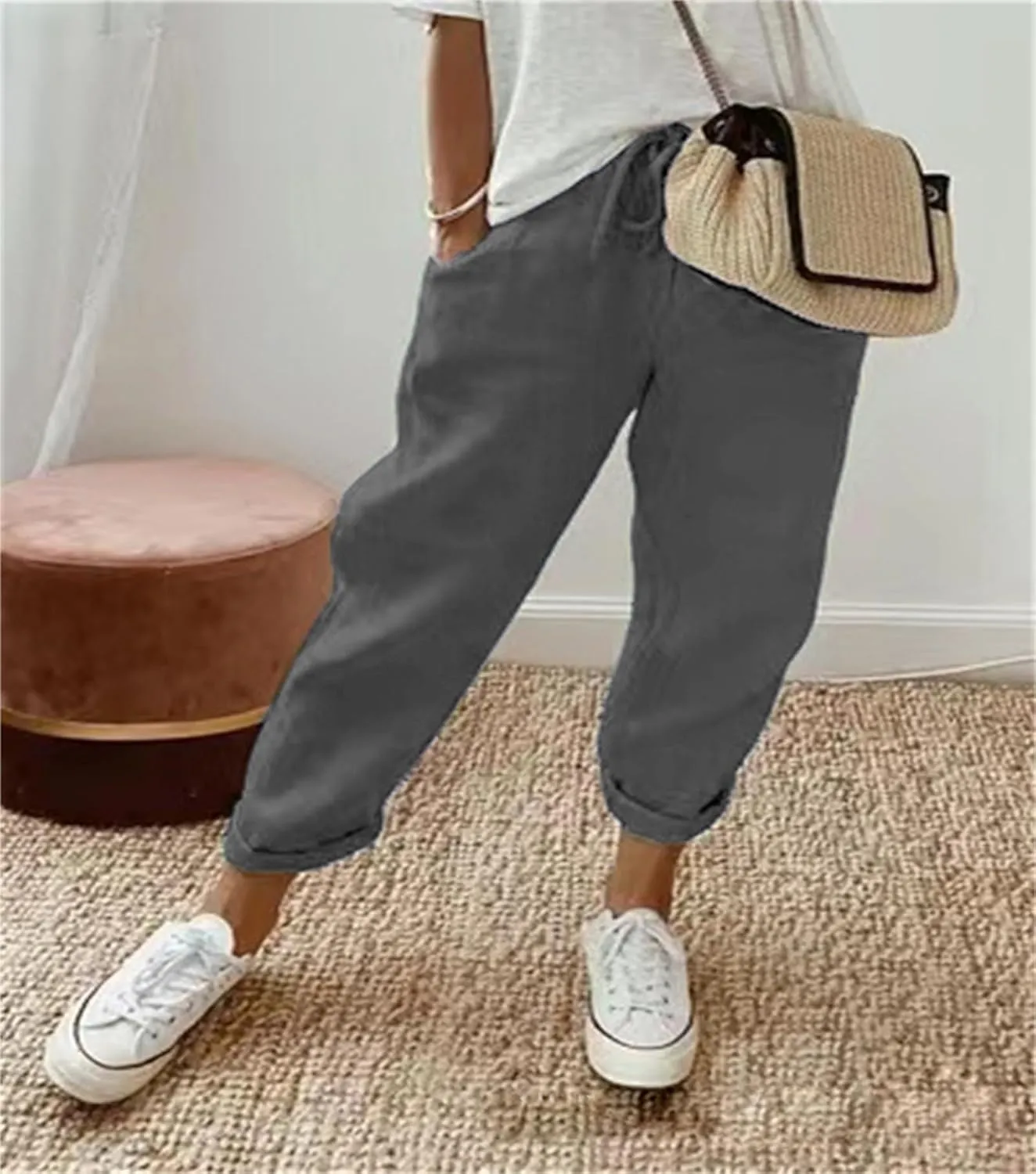 Womens Summer Casual Linen Pants Elastic Waist Relaxed Fit Straight Leg Pants Beach Trousers with Pockets for Women