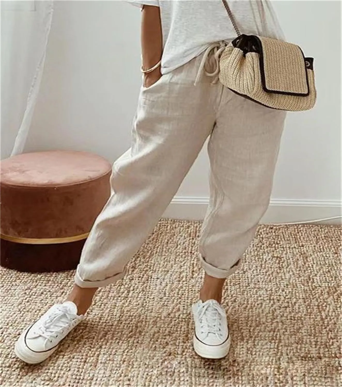Womens Summer Casual Linen Pants Elastic Waist Relaxed Fit Straight Leg Pants Beach Trousers with Pockets for Women