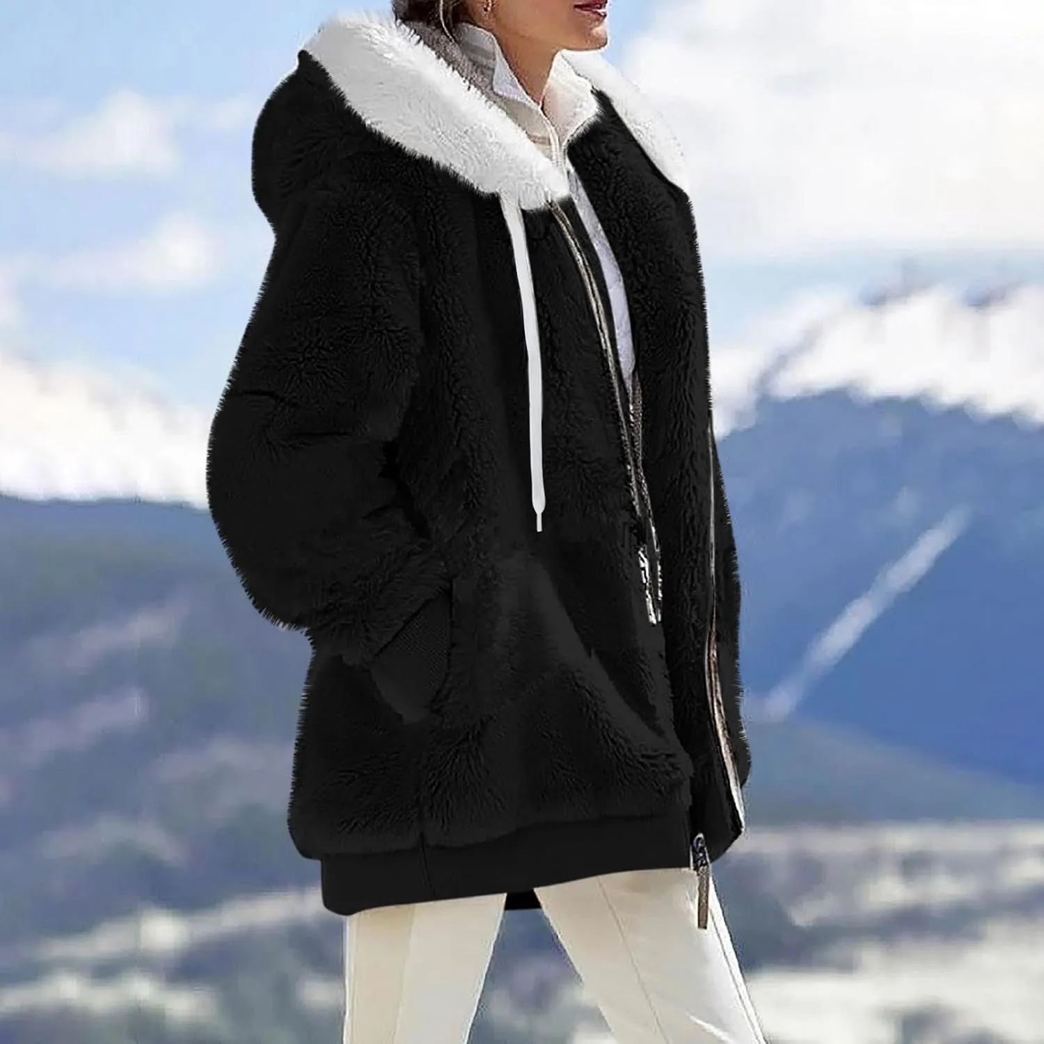 Womens Winter Coats Plus Size Full Zip Sherpa Jacket Baggy Drawstring Hooded Coat Comfy Soft Warm Jackets w/Pockets
