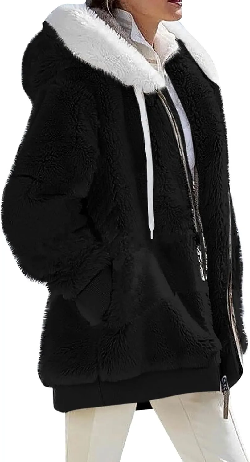 Womens Winter Coats Plus Size Full Zip Sherpa Jacket Baggy Drawstring Hooded Coat Comfy Soft Warm Jackets w/Pockets