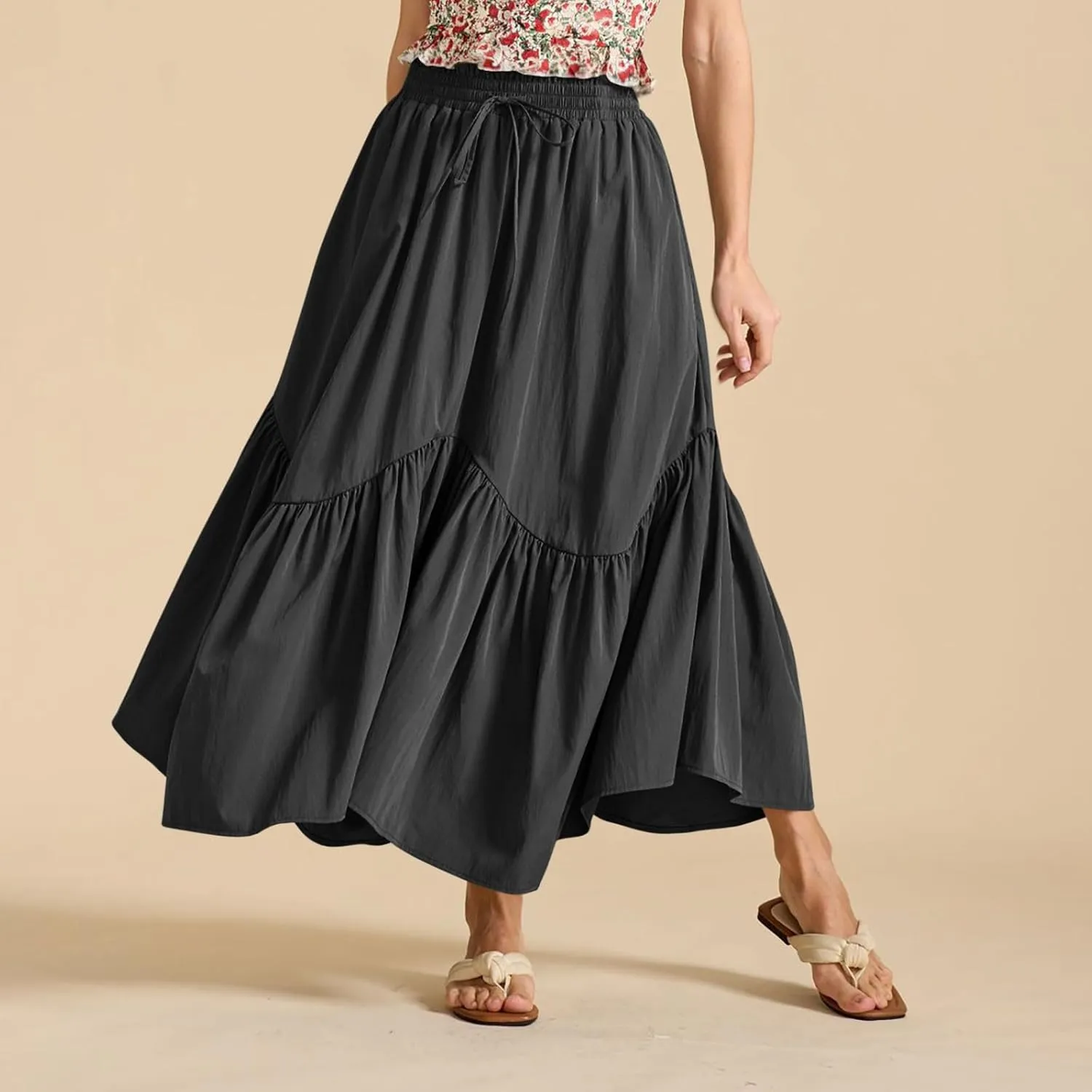 Xiaojmake Women Flowy Midi Skirt Summer Pleated High Waisted A Line Tiered Beach Maxi Skirts High Waist Boho Long Skirt