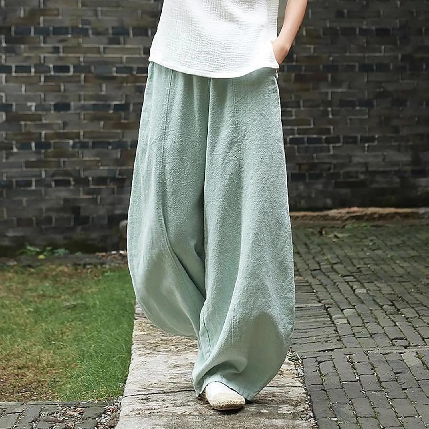 YOLAI Women Cotton Linen Pants Elastic Waist Harem Pants Summer Casual Lightweight Comfort Trouser with Pockets (Green, M)