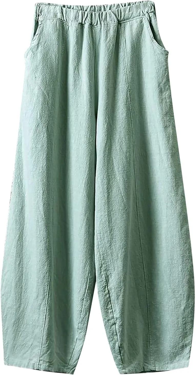 YOLAI Women Cotton Linen Pants Elastic Waist Harem Pants Summer Casual Lightweight Comfort Trouser with Pockets (Green, M)